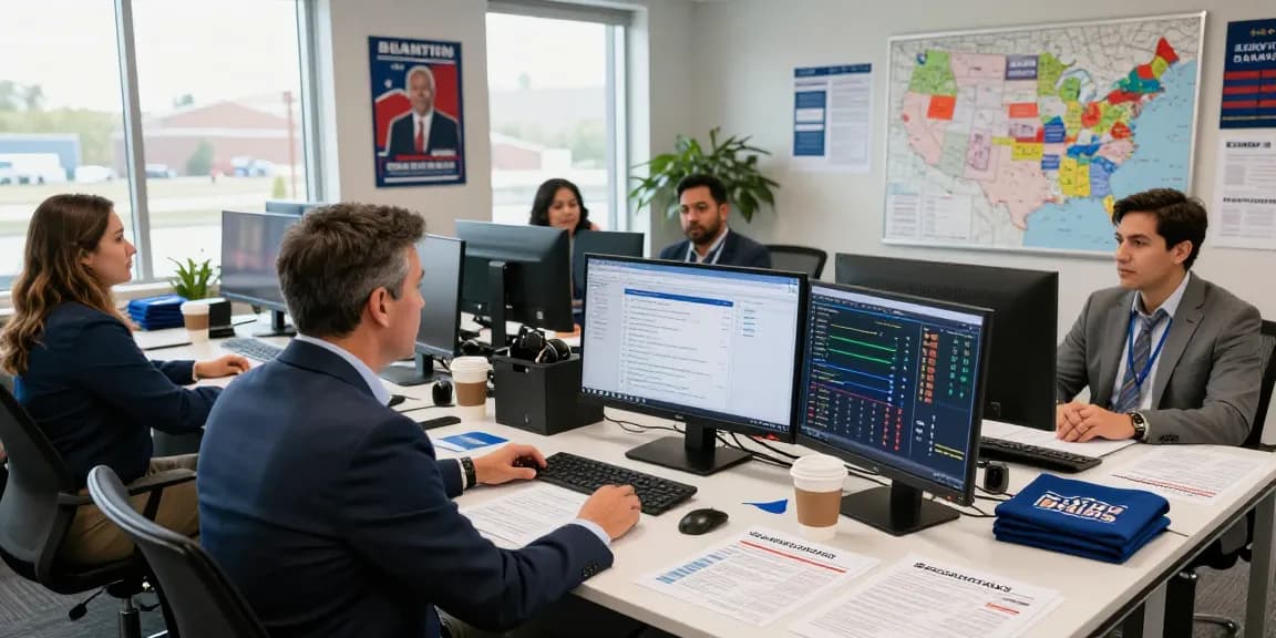 Judicial campaign marketing strategy meeting in a vibrant campaign office with voter data analysis and team collaboration.
