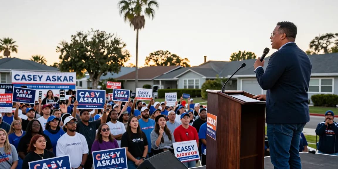 Casey Askar speaking at a rally with supportive crowd in Florida.