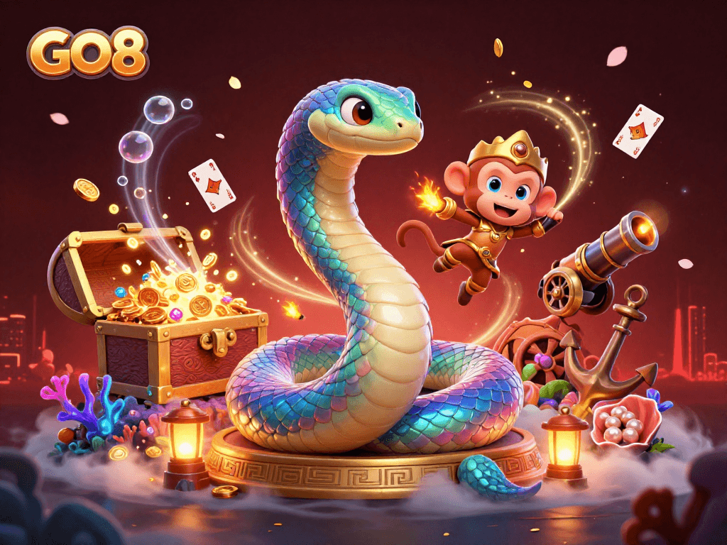 Experience GO8's vibrant casino world with exciting elements from games and treasures.