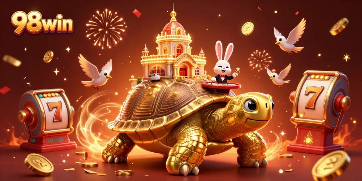 Spin the reels at 98win with festive 3D casino illustration featuring golden tortoise and fortune symbols.