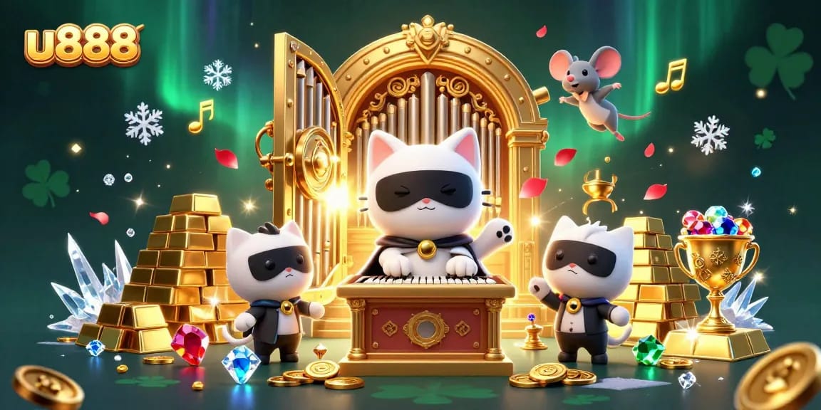 Experience excitement with u888's vibrant casino scene featuring the phantom cat and treasures.