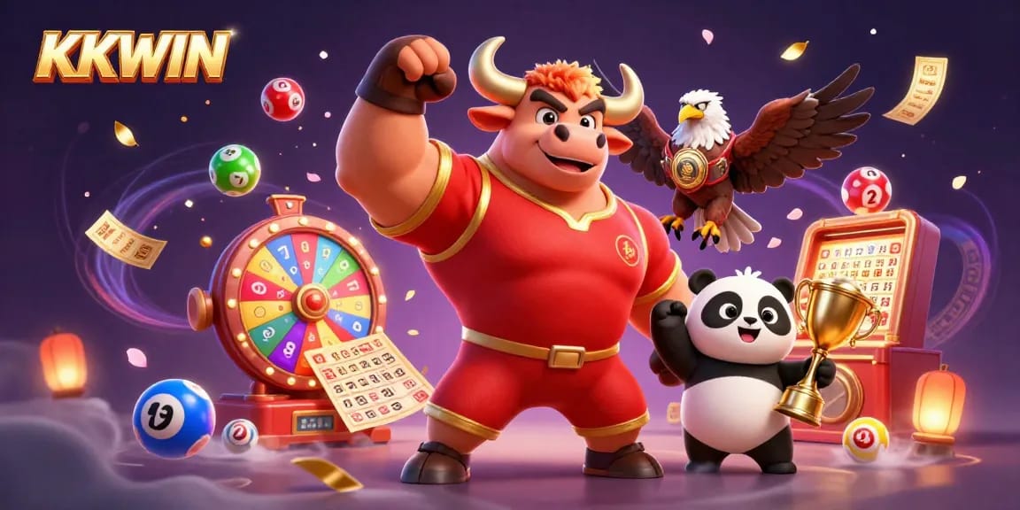 KKWIN mascot celebrates winning with colorful lottery elements and dynamic graphics.
