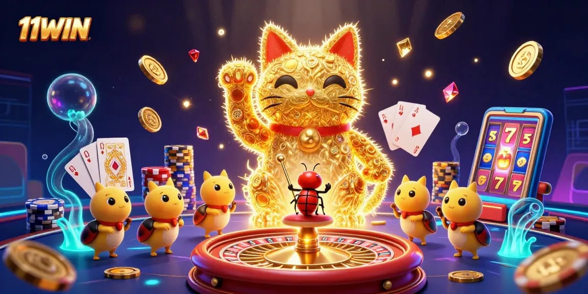 Experience casino excitement with 11WIN's lucky cat illustration, showcasing vibrant symbols and dynamic gaming elements.