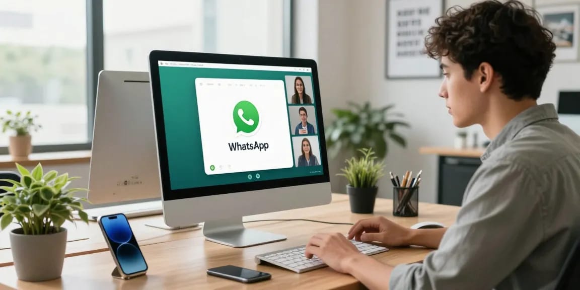 Using WhatsApp電腦版, a young professional engages in desktop messaging within a sleek office environment.