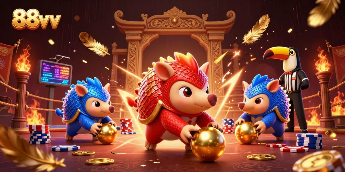 Experience thrilling action in 88vv with rival pangolins bowling through poker chips in a vibrant scene.