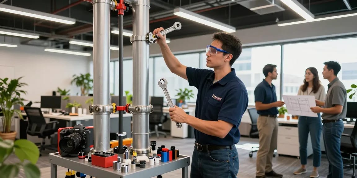 Expert plumber performing commercial plumbing in San Diego office, showcasing professional skills and tools.