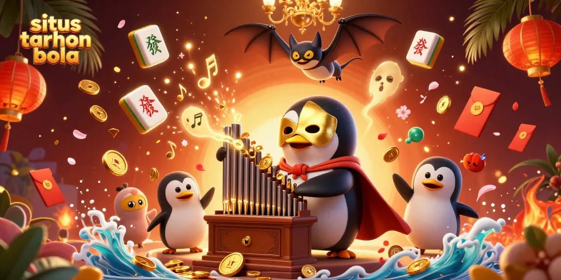 Engage with situs taruhan bola as a penguin plays an organ shooting gold coins, with festive decorations.