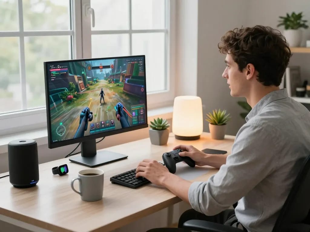 Engaged user exploring smart tech gadgets like Bluetooth gaming controller and wireless speaker in a modern workspace.