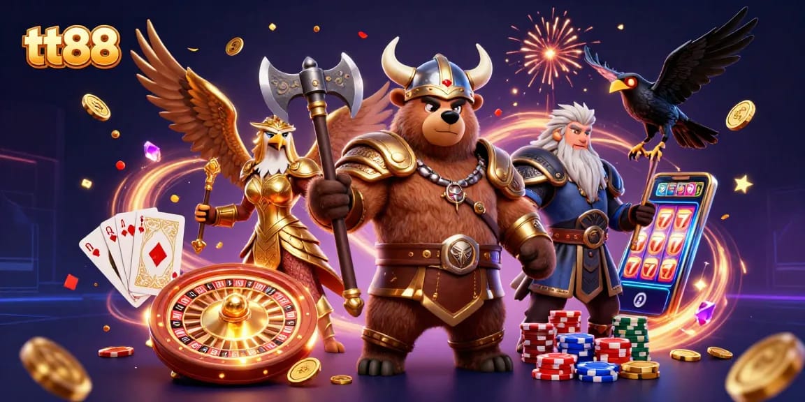 Experience top-tier gaming action at tt88 with a dynamic Viking scene amidst coins and cards.