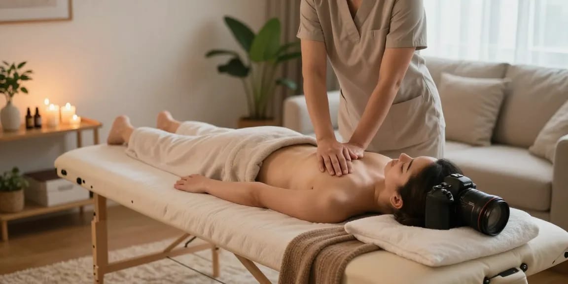 Relaxing 수원출장마사지 session in a cozy living room with ambient lighting and soothing atmosphere.