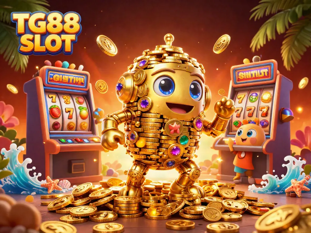 Experience the excitement of TG88 SLOT with a vibrant 3D illustration featuring a golden golem and slot machine elements.
