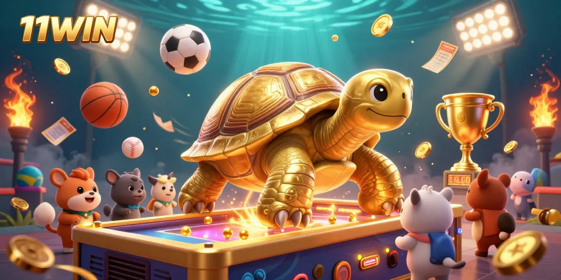 Engaging gaming scene with 11WIN's golden tortoise and sports elements awaiting eager players.