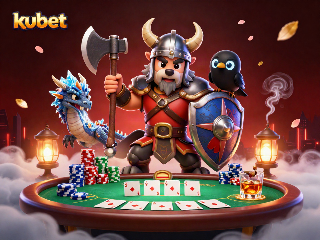 Kubet showcases a Viking wolf warrior with a dragon, poker elements, and vibrant effects in a dynamic casino scene.