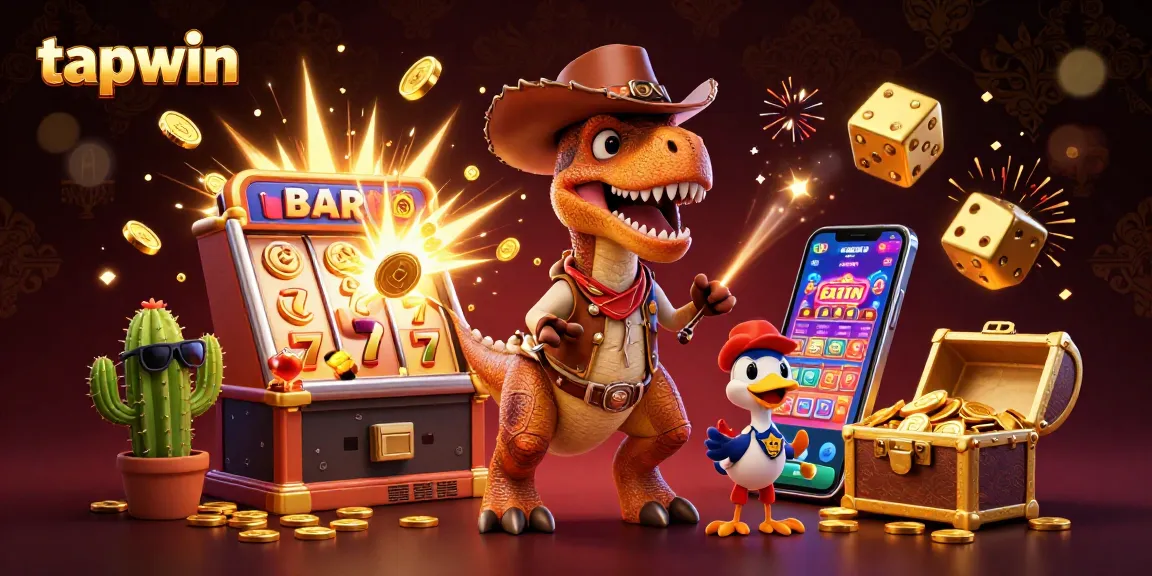 Spin to win at tapwin with a vibrant 3D casino adventure, featuring a dinosaur and dynamic jackpot!