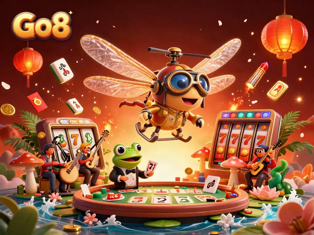 Experience thrilling games at Go8 with a dragonfly pilot and frog croupier in a vibrant casino!