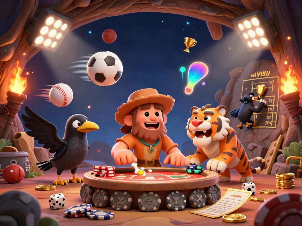 Experience thrilling action at jw88 link with a vibrant prehistoric casino scene featuring a caveman duo and clever crow.