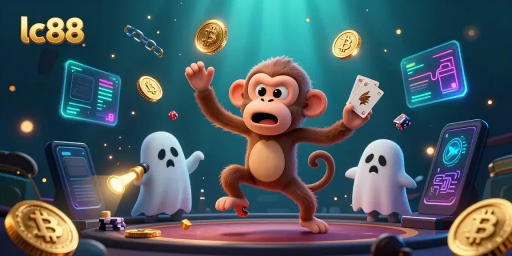 Engage with lc88's haunted casino scene featuring mystical characters and glowing crypto elements.