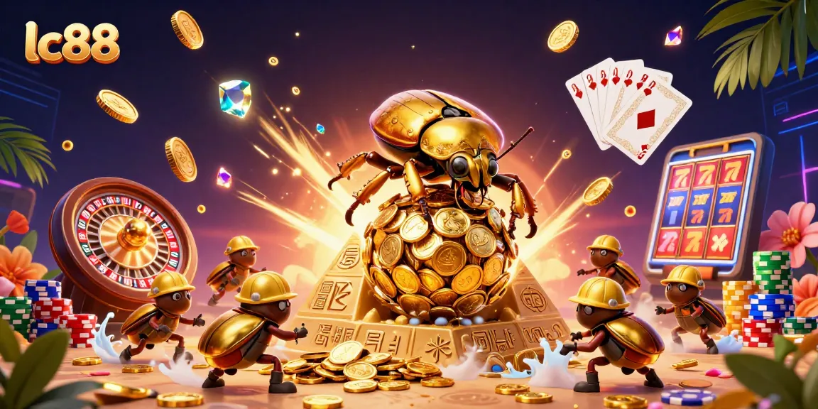 Experience the thrill of lc88 with golden coins and vibrant casino symbols in this dynamic gaming illustration.