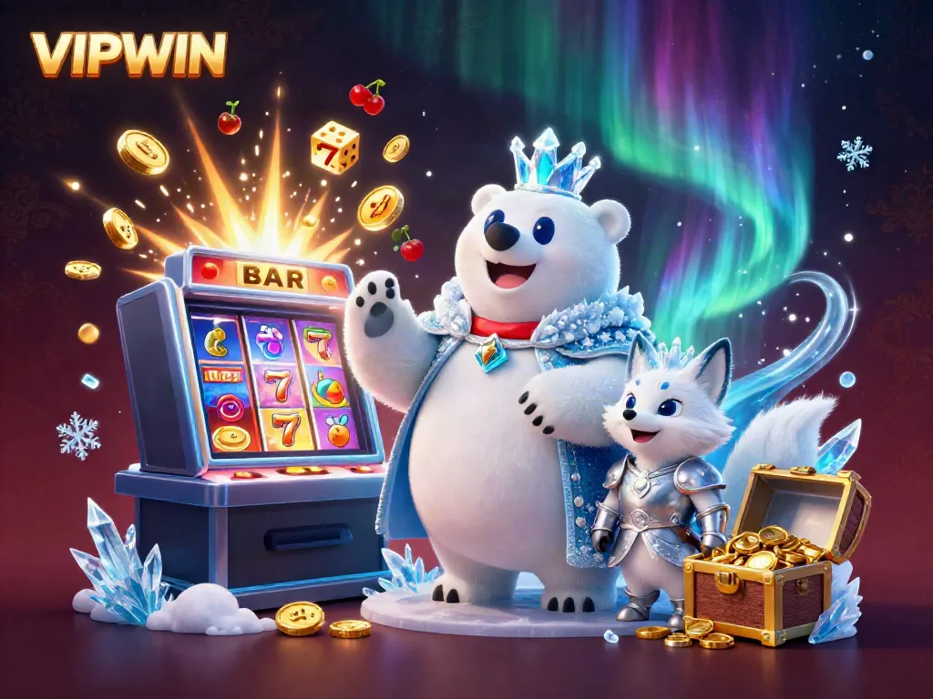 Experience the thrilling action of VIPWIN with a dynamic casino illustration featuring a polar bear and snow fox among jackpot elements.