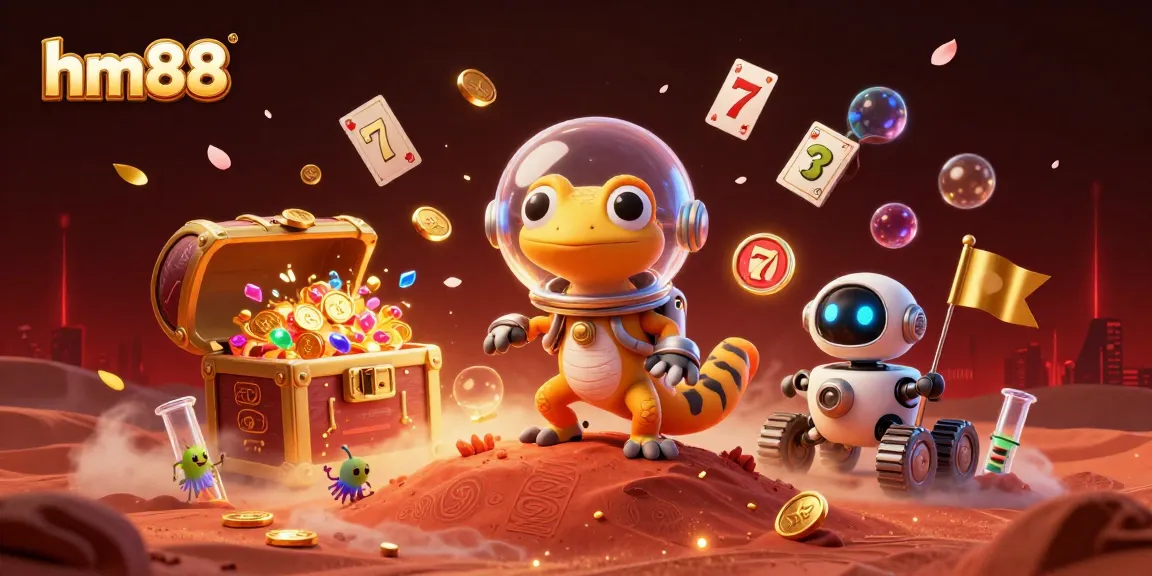 Experience the excitement of hm88 with a 3D Martian gecko uncovering a treasure-filled casino in a vibrant Martian setting.