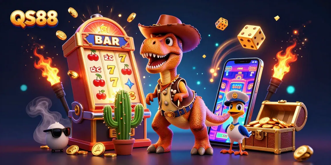 Experience the excitement of QS88 with cartoon characters and a dynamic casino scene bursting with action.