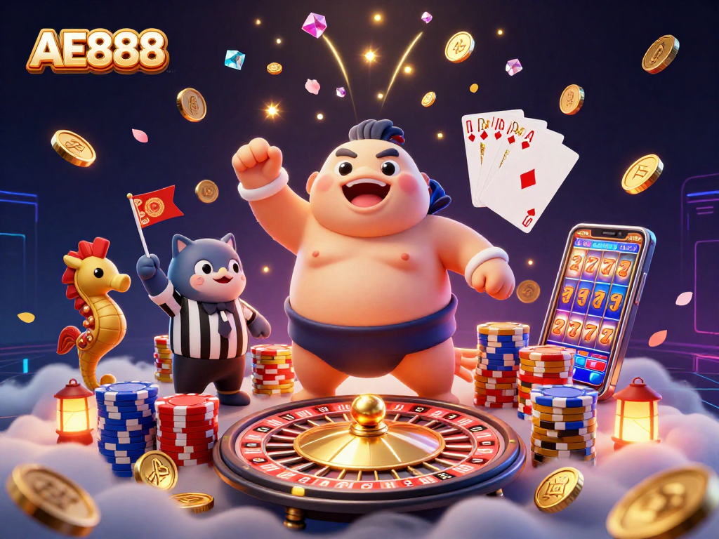 Experience the vibrant AE888 casino scene with fugu, catfish referee, and seahorse fans amid dynamic casino elements.