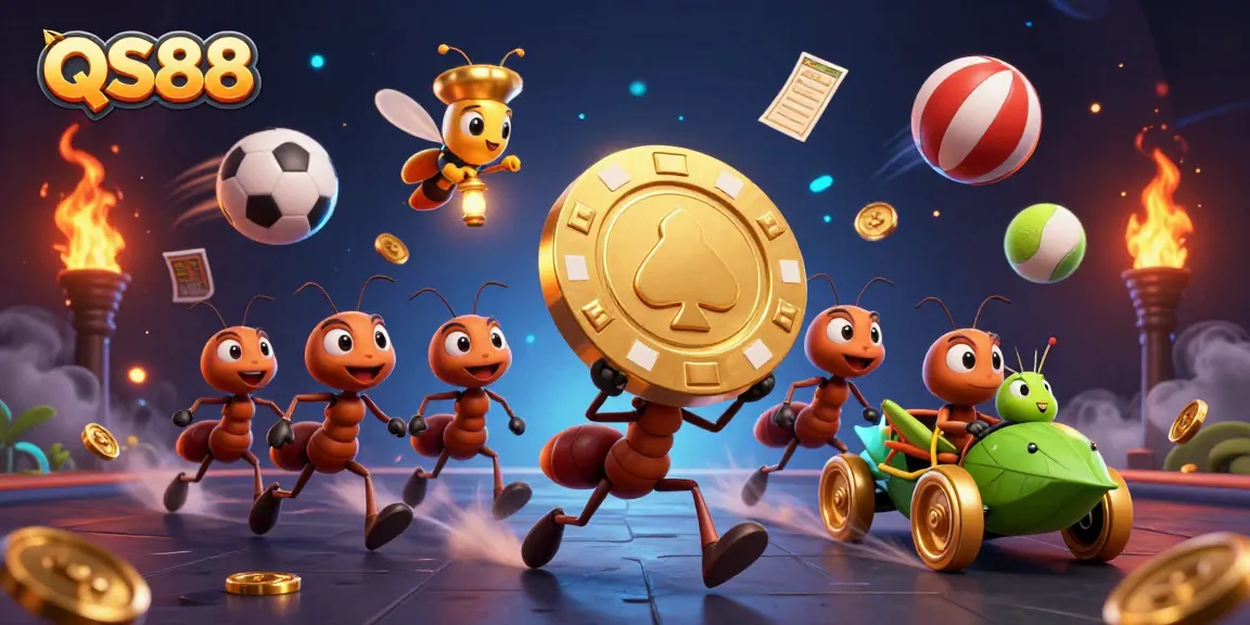 Experience the thrill of QS88 with animated ants in a dynamic heist for a golden poker chip.