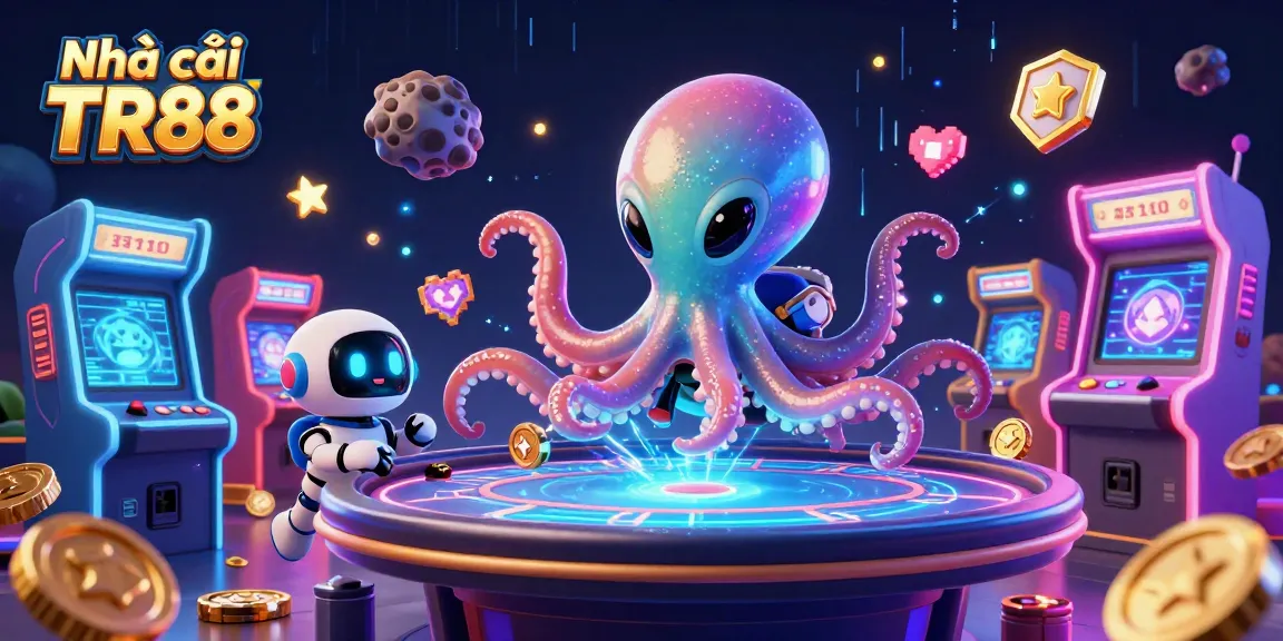 Engage with Nhà cái TR88 in this vibrant 3D casino illustration showcasing an alien octopus at a poker table.