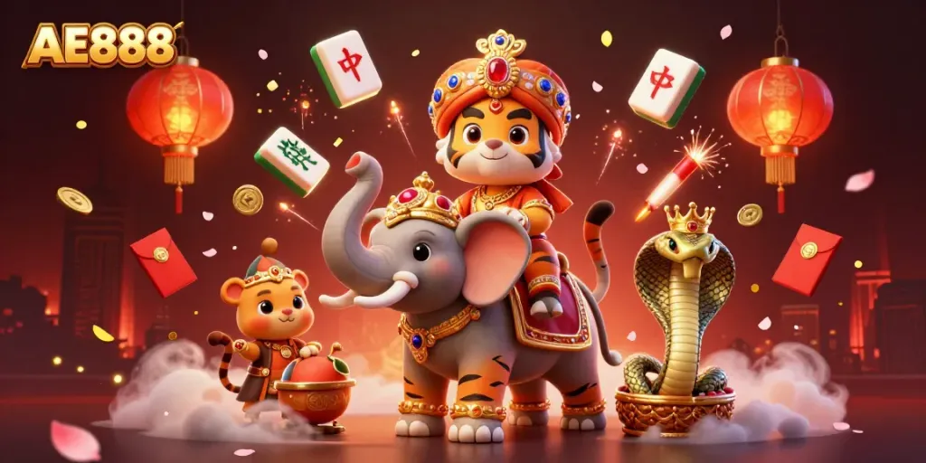 Experience the vibrant AE888 gaming world with a lively 3D scene featuring a maharaja tiger, jewel-encrusted elephant, and casino elements.