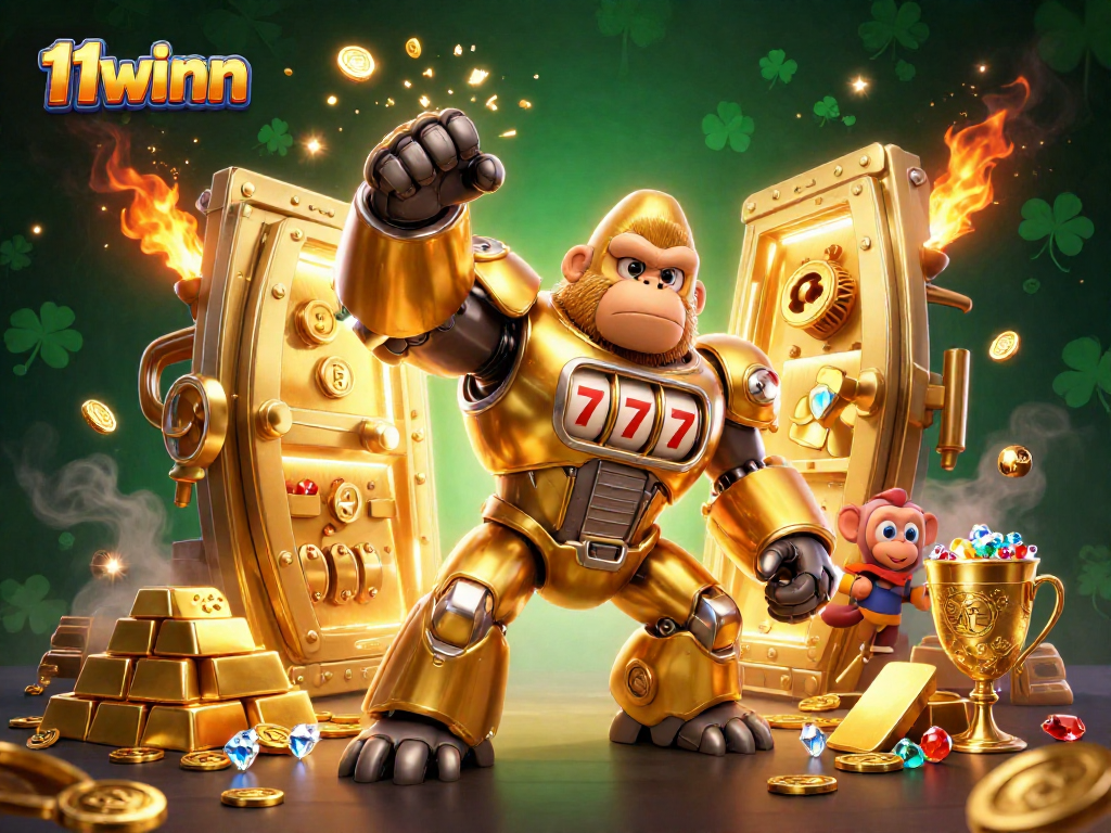 Experience thrilling gameplay at 11winn with dynamic golden gorilla mech amidst treasure and casino elements.