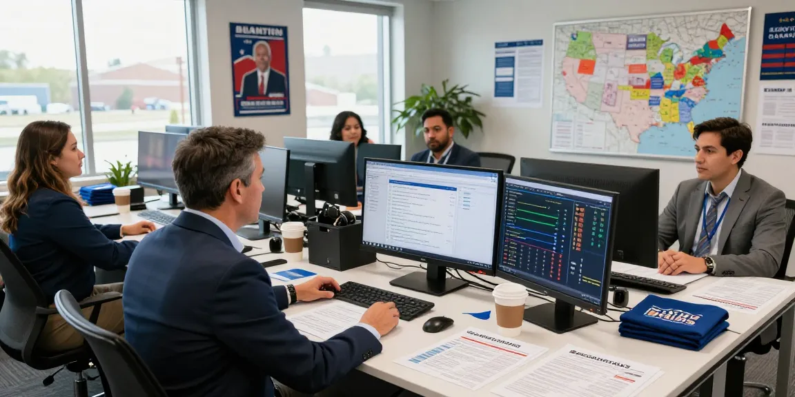 Judicial campaign marketing strategy meeting in a vibrant campaign office with voter data analysis and team collaboration.