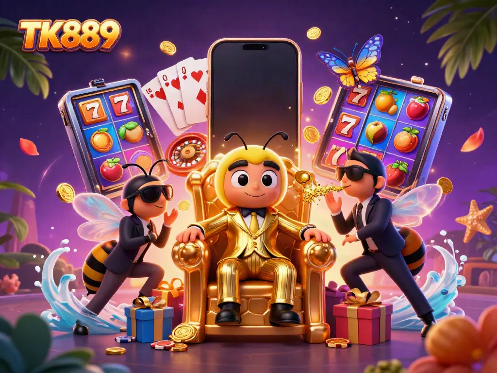 Experience exciting wins at TK889 with a vibrant 3D casino illustration featuring a bumblebee mob boss and lively gaming elements.