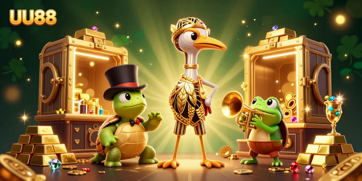 Experience the excitement of UU88 with vibrant characters and treasures highlighted in a 3D casino illustration.