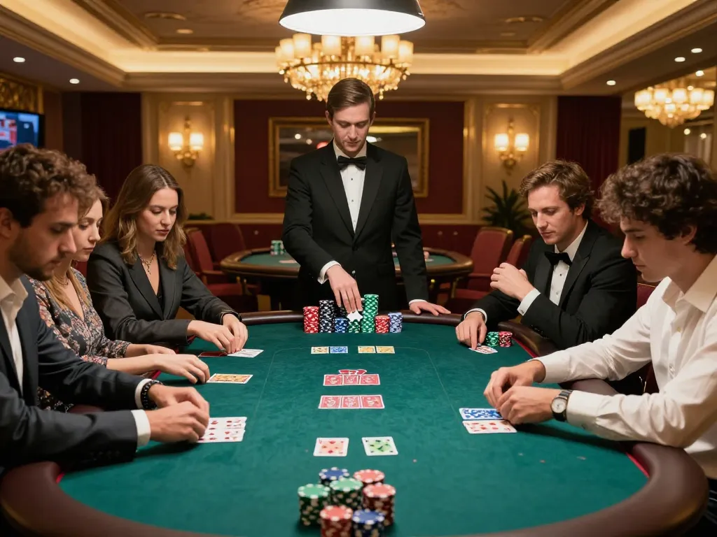 Các người chơi 12bet đặt cược chiến lược trong một trò chơi poker căng thẳng tại một bầu không khí casino sang trọng.