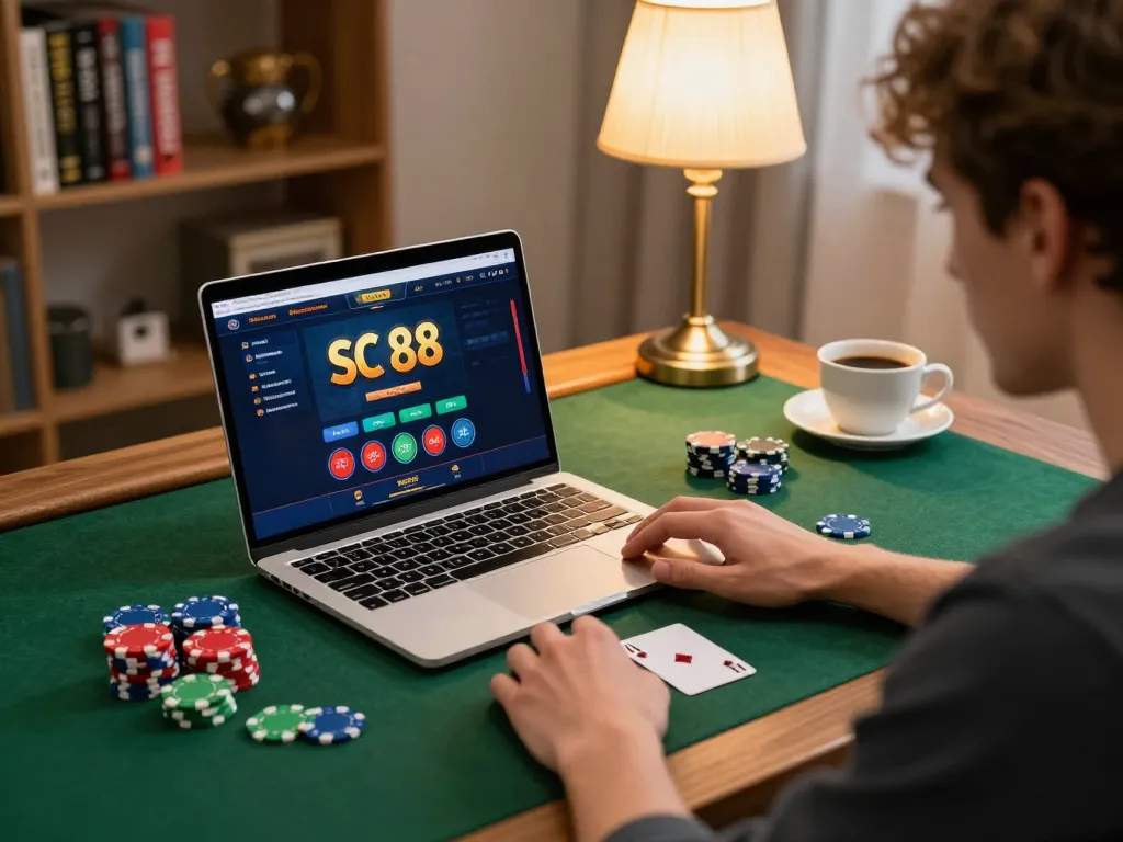 Engaged player using SC 88 gaming interface on laptop with casino chips
