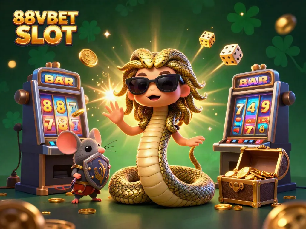 Experience the adrenaline of 88VBET SLOT with Medusa and a warrior mouse celebrating a jackpot.
