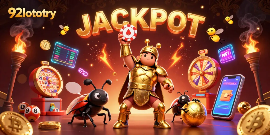 Engage with 92lottery as a hero beetle celebrates a jackpot among vibrant lottery elements.