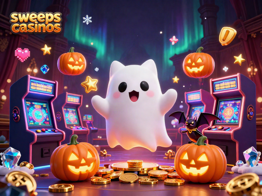 Engage with sweeps casinos as a ghost cat, bat, and jack-o-lanterns light up a haunted casino.