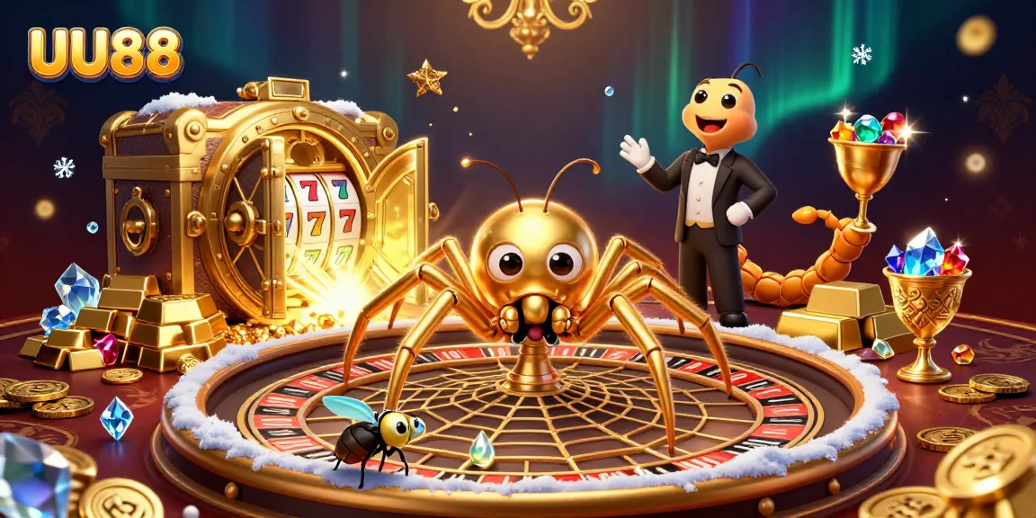 Spin to win with UU88 as the golden spider crafts a roulette web in this vibrant casino scene.
