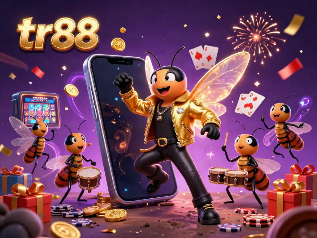 Experience gaming thrills at tr88 with a lively scene of a cicada rock star, beetle drummer, and vibrant casino elements.