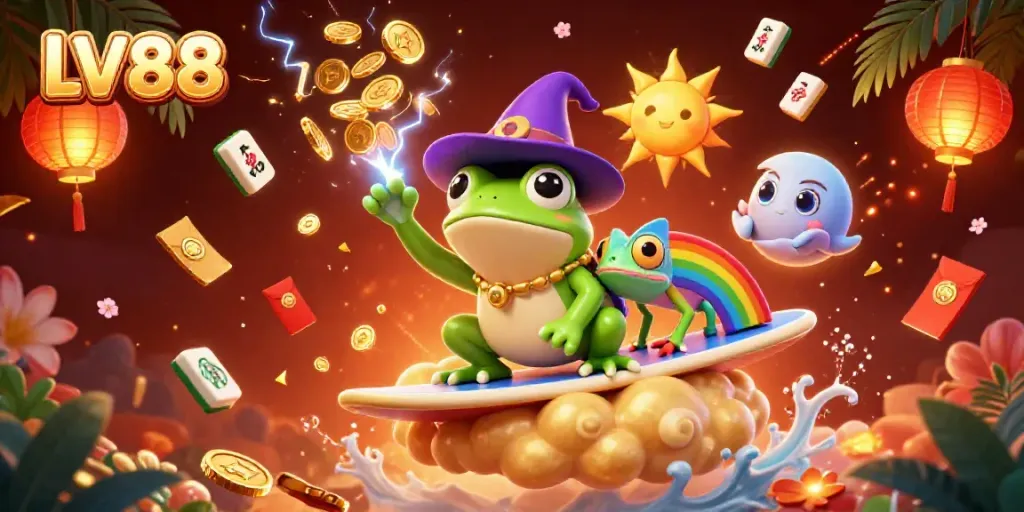 Experience the excitement of LV88 with a vibrant 3D illustration featuring a whimsical wizard frog and a chameleon.