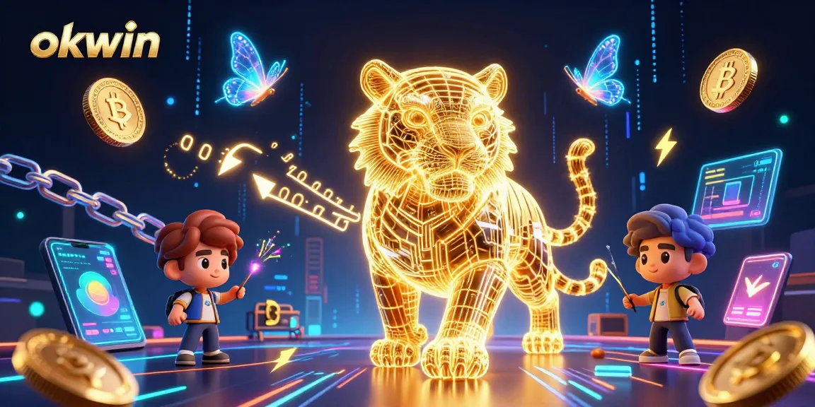 Engage in dynamic gaming action with okwin's vibrant casino scene featuring a golden tiger and digital coins.