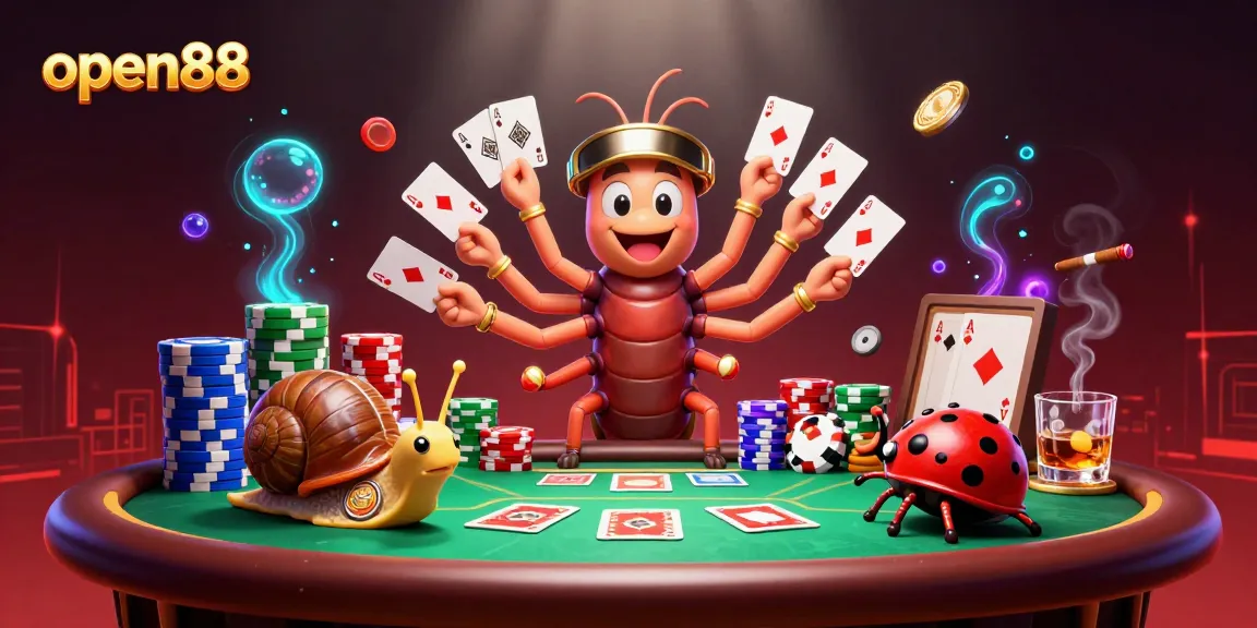 open88 poker scene with millipede dealer and a snail high-roller pushing chips, dynamic casino atmosphere