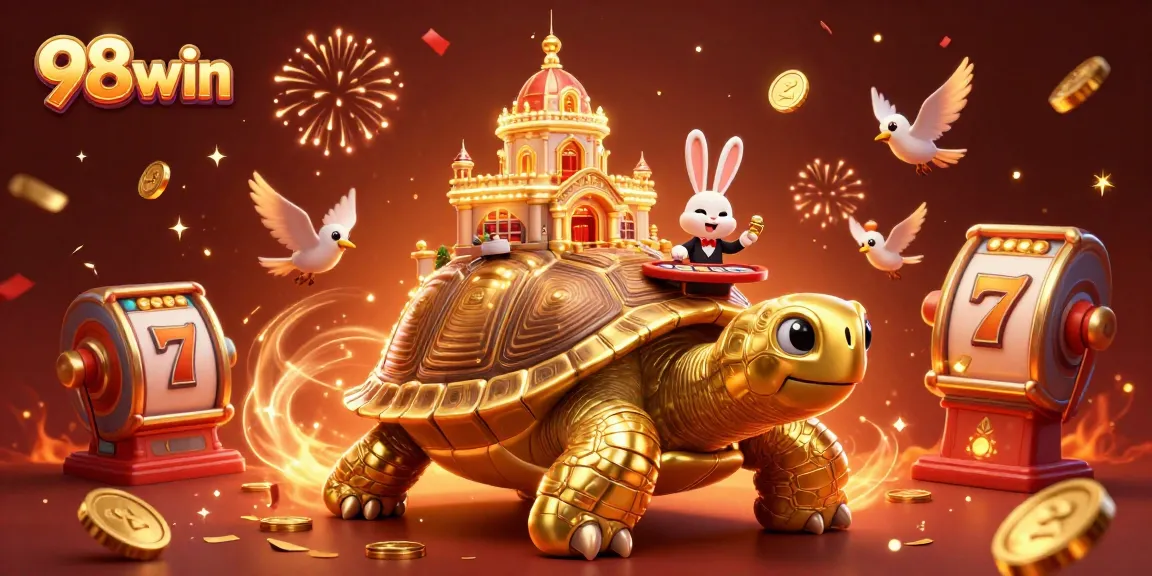 Spin the reels at 98win with festive 3D casino illustration featuring golden tortoise and fortune symbols.