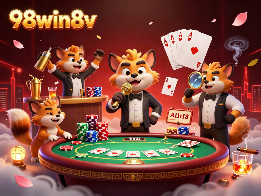Join the fun at 98win8v's comedy casino, featuring hyenas delivering laughs and thrilling poker action!