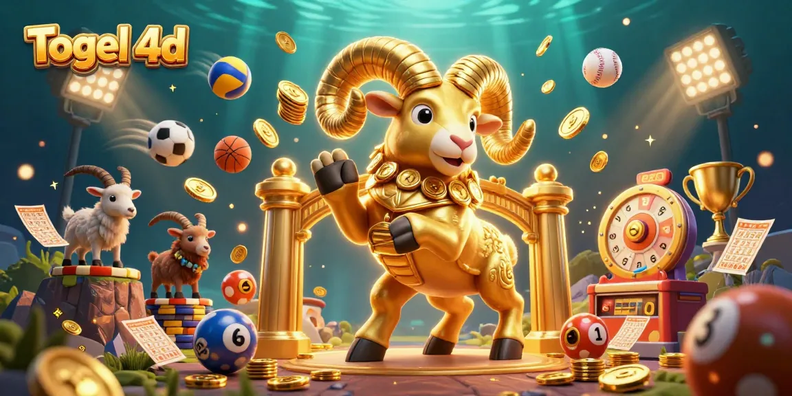Engage with Togel 4d gameplay featuring golden ram amidst lottery and sports elements in an energetic scene.