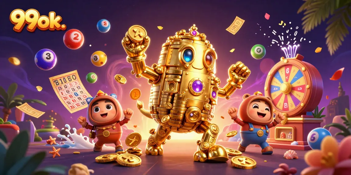 Engage with 99ok. in a vibrant 3D casino scene filled with dynamic lottery elements.