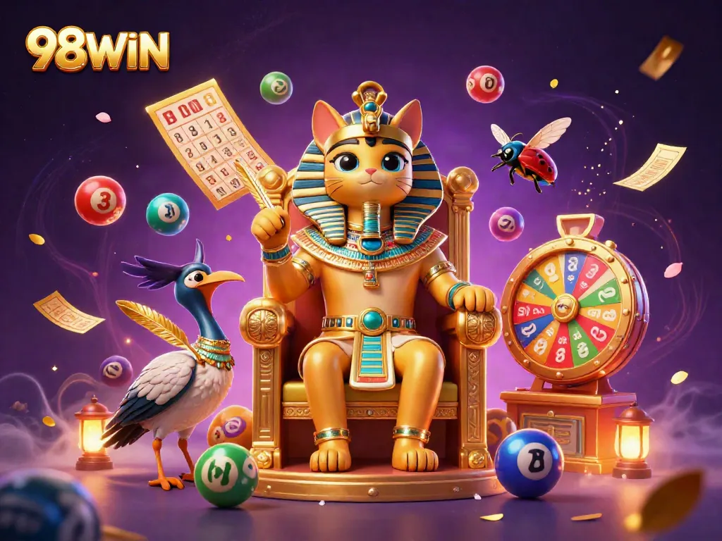 Engage with thrilling games at 98WIN, featuring an Egyptian pharaoh cat surrounded by vibrant lottery elements.