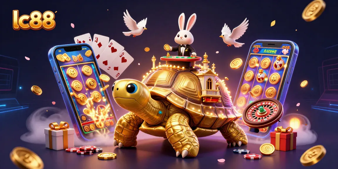 Engage with lc88 by winning big at the vibrant casino, featuring a golden tortoise and exciting games.