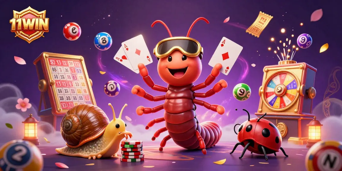 11WIN evokes excitement as a millipede dealer fans cards, surrounded by vibrant casino elements.